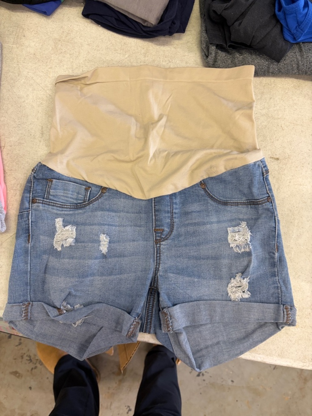 Maternity Denim Jean Shorts with Beige Support Waistband - Light Blue